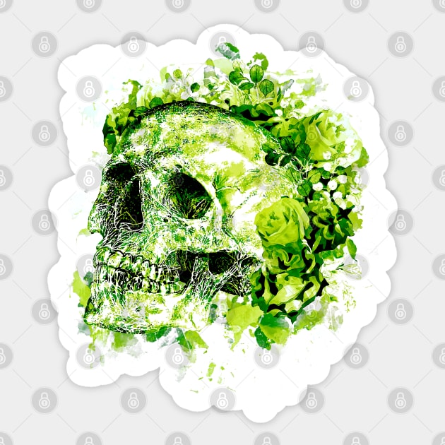 Floral skull, green and roses, skull flowers colorfull Sticker by Collagedream